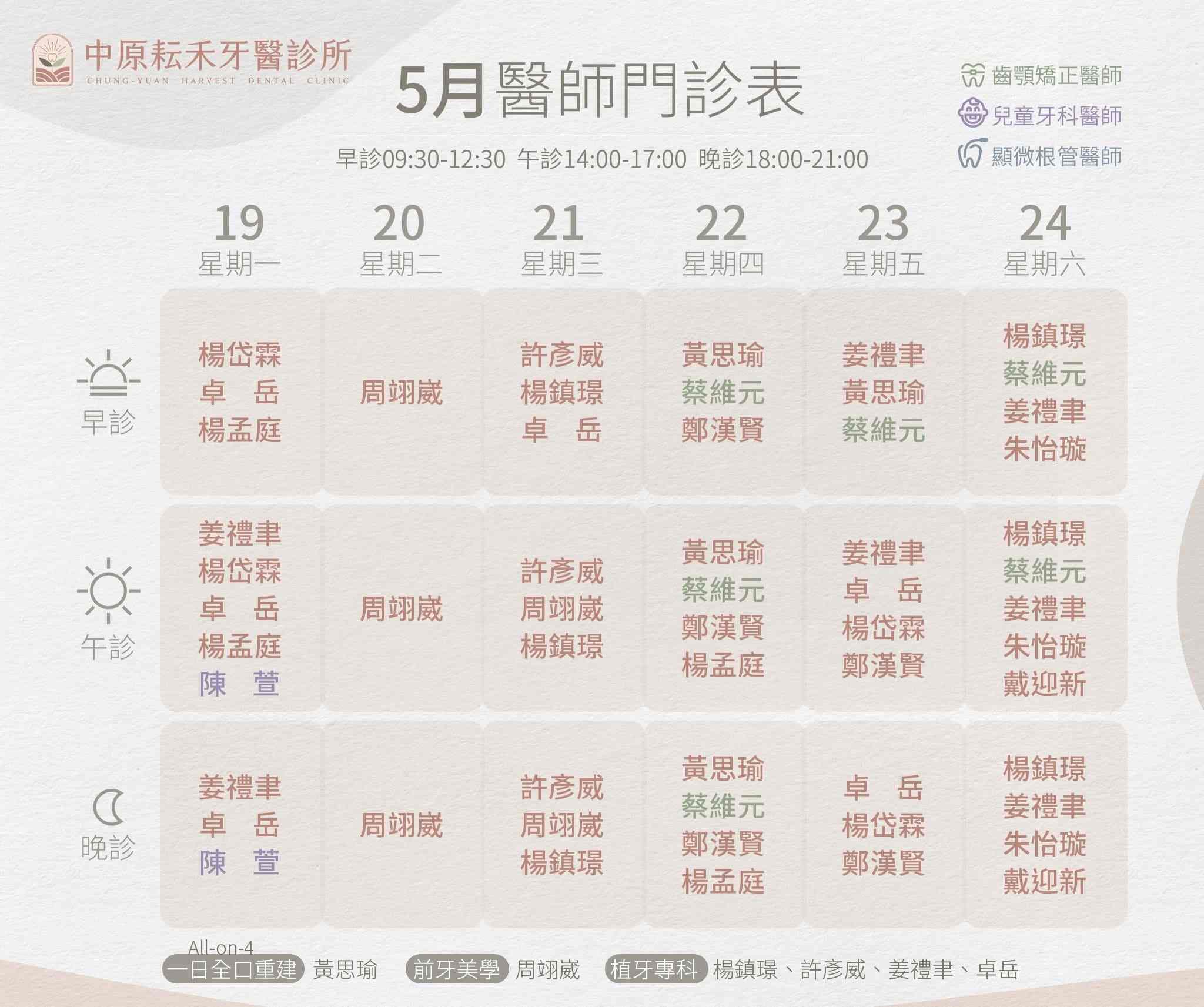中原耘禾_5月門診表w4